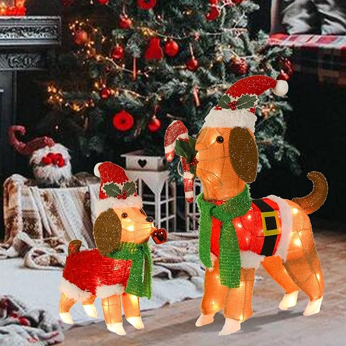 Lighted Outdoor Dog Christmas Decorations, 2 Pack Collapsible Pre-lit Beagle Dog with Candy Cane and Santa Hat Light up Puppy Xmas Decor for Indoor Outdoor Garden Yard Lawn Holiday Display