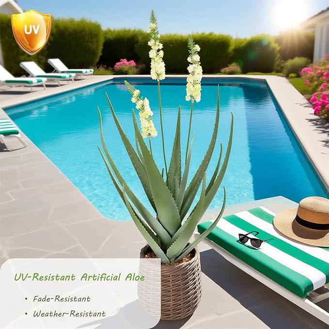 3ft UV Resistant Artificial Aloe Vera Plant in Brown Woven Planter,38" Faux Aloe Plant with Realistic Leaves and Flowers for Front Porch Patio Living Room Pool Indoor & Outdoor Decor
