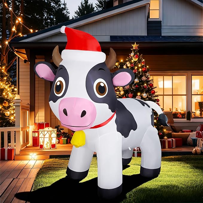 Lulu Home 6FT Christmas Inflatables Cow, Giant Blow Up Dairy Cattle Wearing Santa Hat with Built-in LED Lights, Air-Blown Highland Cow Decoration for Yard Indoor Outdoor Xmas Holiday Display