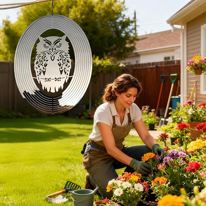 Owl Scarecrow Bird Deterren for Outside Patio Garden Porch Pool Window,16" Mirror High Reflective Bird Scare Devices Wind Spinners Outdoor Decor,Bird Reflectors to Keep Woodpecker Away from House