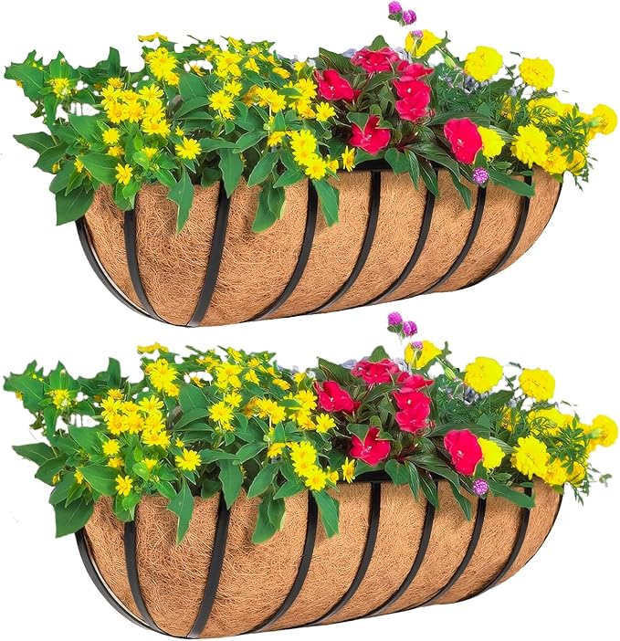 2 Pack 36" Railing Planter Window Box with Coco Fiber Liner Horse Trough Planter The Railing Planter Boxes for Deck Porch Fence Outdoor