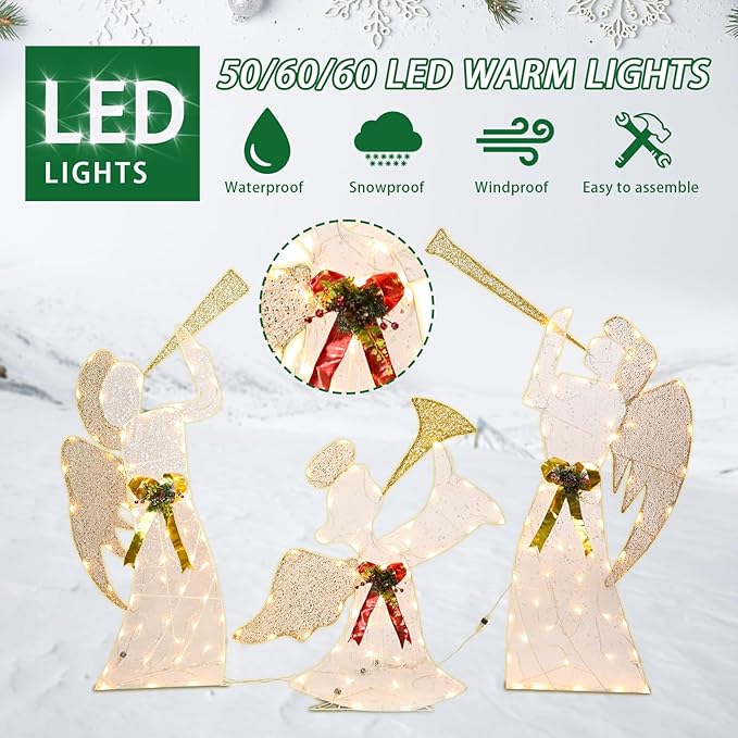 Outdoor Christmas Angel Decoration Christmas Lighted 3 Angels Playing Trumpet with Holly Berries Decoration for Xmas Home Pathway Lawn Party Display
