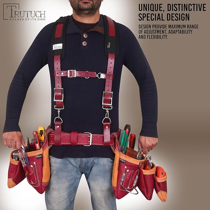 Leather Work Suspenders With Pockets | Fully-Adjustable Padded Leather Tool Belt Suspenders
