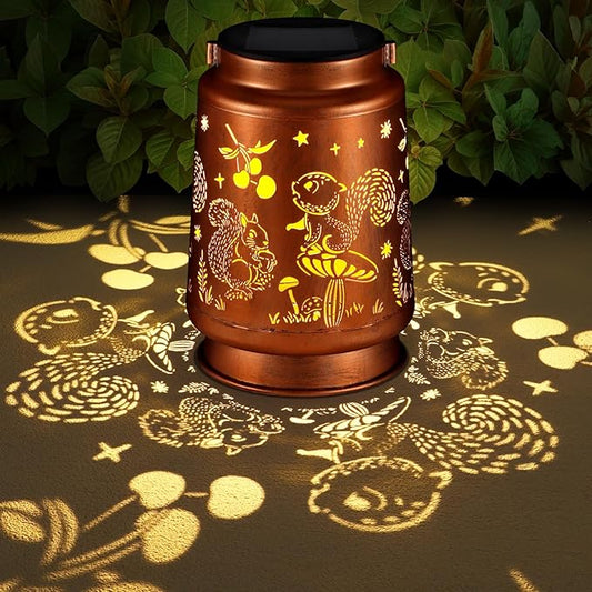 Solar Lantern Outdoor Hanging Waterproof Outside Metal Openwork Hummingbird Pattern Birthday Gifts for Women Mom Landscape Lights for Porch Garden Yard Patio Pathway Decor(Squirrel)
