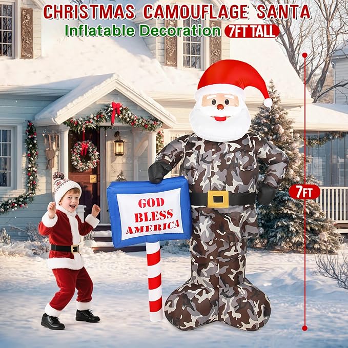 Christmas Inflatable Outdoor Decoration, 7FT Inflatables Camouflage Santa Claus Yard Decor with Hat & Sign, LED Light Blow up Giant Holiday Decoration for Indoor Outside Lawn Garden Soldier Army Gift