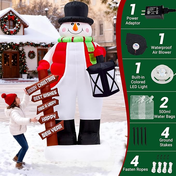 8FT Christmas Inflatable Giant Snowman Outdoor Decorations, Blow Up Snow Man Yard Decor with LED Lights, Magic Hat, Weatherproof Holiday for Gifts Yard Lawn Garden Xmas Party