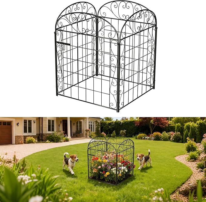4 Panels Garden Fence Dog Fence Outdoor for Yard with Gate, 30 in(H) x 8.4 ft(L) No Dig Decorative Garden Fencing Animal Barrier, Metal Wire Panel Border for Dogs, Rabbits, Patio, Flower Bed