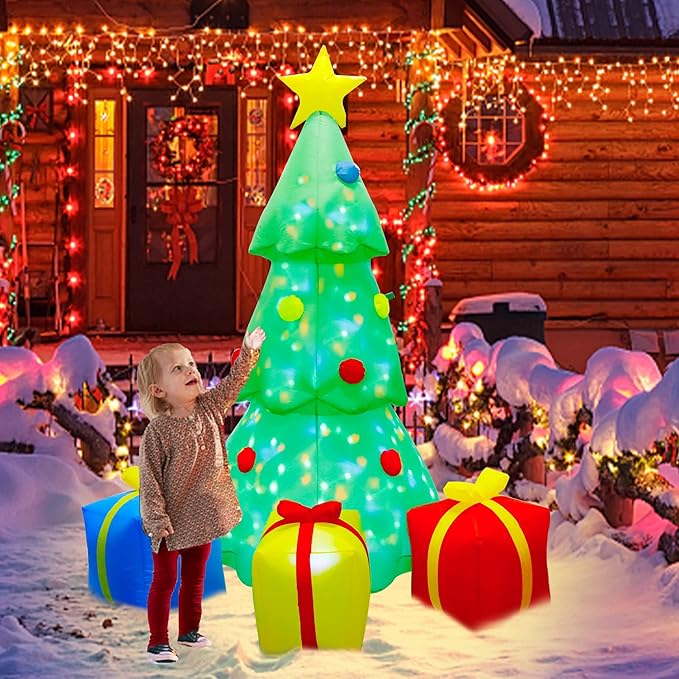 Joliyoou Christmas Yard Decorations, 5.9 FT Inflatable Lighted Christmas Tree with Rotating Projection Lamp, Jumbo Blow Up Xmas Tree with Gift Boxes Outdoor Indoor Decorations