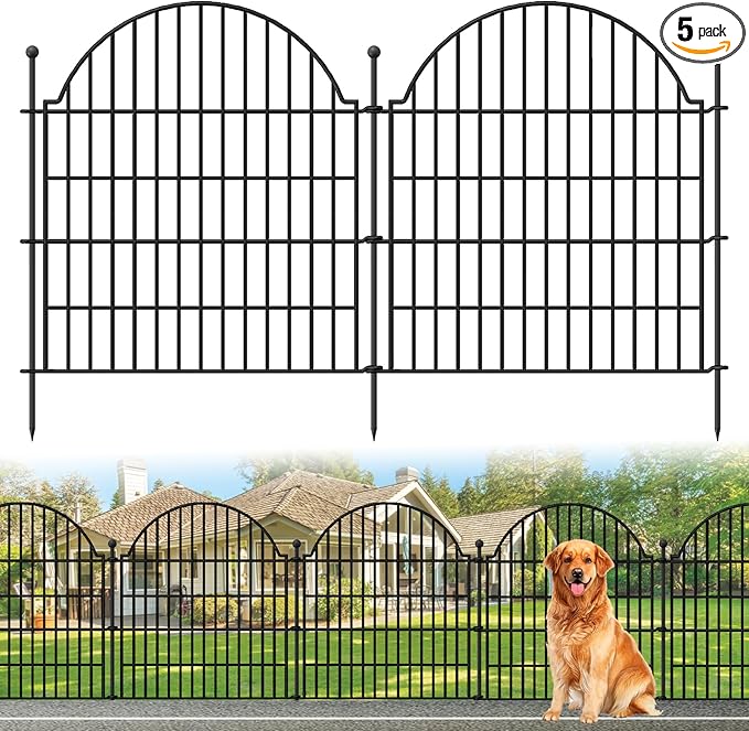 Decorative Metal Garden Fence 5 Panels, 32in (H) x 11.8ft (L) No Dig Dog Fence Outdoor for Yard, Temporary Rustproof Metal Wire Rabbit Dog Garden Border Fencing for Patio
