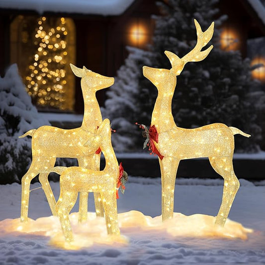 MUPATER Outdoor Christmas Decorations Lighted Deer Family Set Indoor, Christmas Holiday Yard Decor 3-Piece Moose Set for Lawn and Party with Lights, Ground Stakes and Zip Ties, Gold