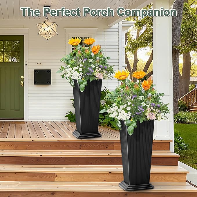 Tall Planters Set of 2, Large Indoor Outdoor Flower Pots with Tray Modern Tapered Planter for Patio, Garden, Porch, Backyard (Black Ribbed)