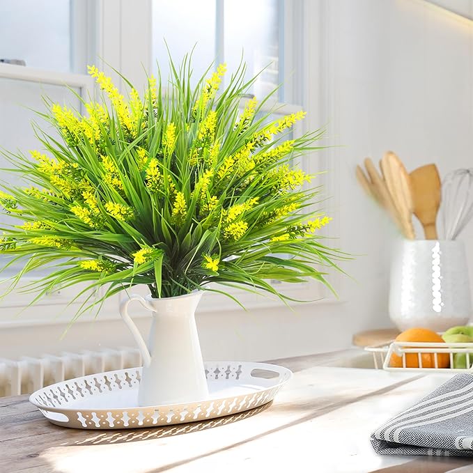 Sggvecsy 12 Bundles Artificial Plants Outdoor Faux Lavender Flowers Fake Monkey Grass UV Resistant Plastic Greenery Plants for Garden Home Porch Window Patio Hanging Planter Indoor Decor (Yellow)