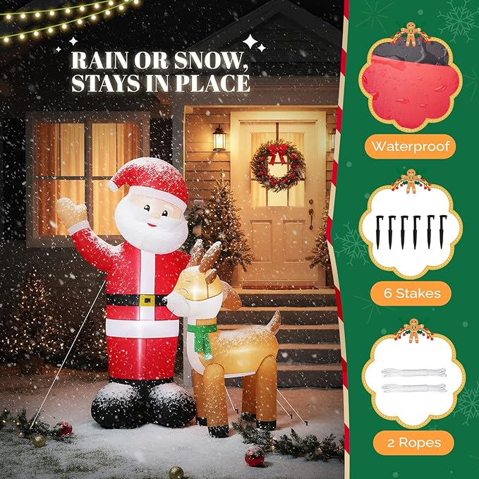 VINGLI 6ft Christmas Santa with Reindeer Inflatable, Inflatable Waving Santa Claus Reindeer Outdoor Decoration with LED Lights,Xmas Blow ups for Lawn, Garden, Holiday Decor