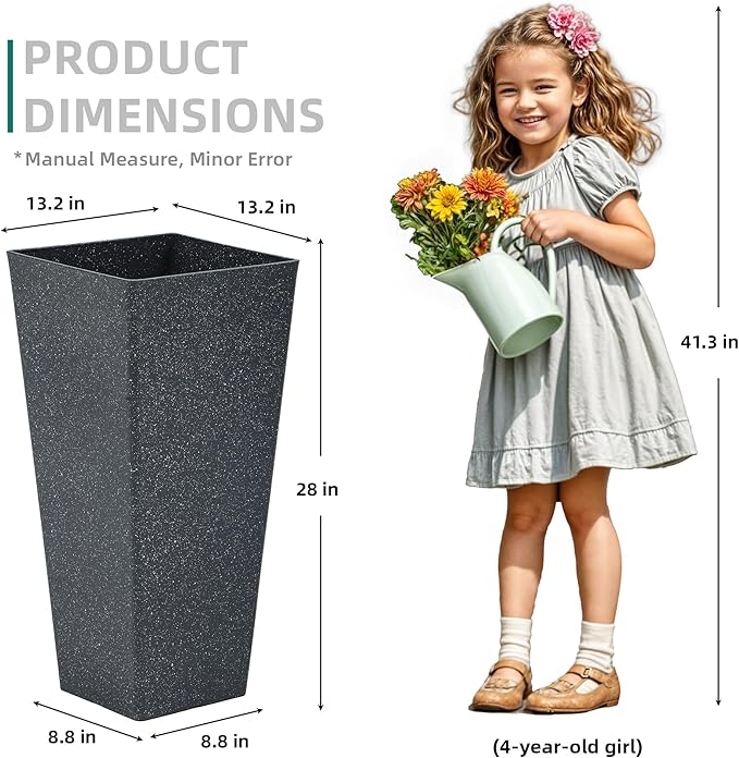 28" Large Planters Tall Square Planter for Plants Outdoor Set of 2 V-Shaped Flower Pot Black Terrazzo Garden Plants Pots, Durable and Weather-Resistant for Patio, Porch Home