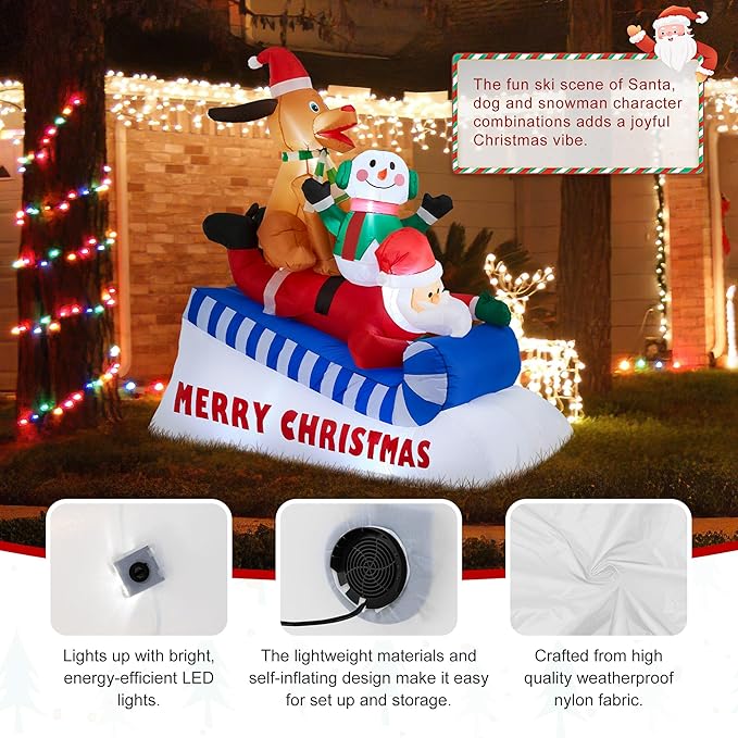 Glitzhome 6FT Inflatable Skiing Santa with Snowman and Dog, LED Christmas Yard Decoration, Animated Outdoor Indoor Xmas Decor with Merry Christmas Sign