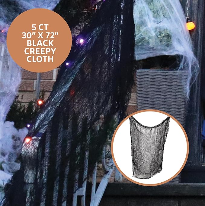 50 Piece Halloween Decorations Outdoor Set, All Included Decor Kit, Hanging Skeleton Ghost, Purple & Orange String Lights, Spider Webs, Creepy Cloth, Caution Tape, Pumpkin Lights, Yard & Door Signs