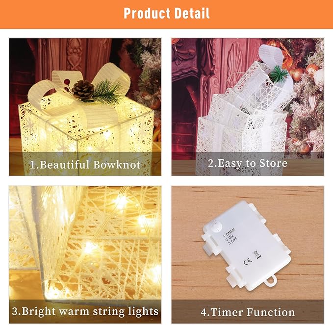 Christmas Lighted Gift Boxes, Pre-lit Present Boxes Set of 3 with Different Sizes, Battery Operated Snowflake Light up Decorations for Holiday Indoor Outdoor (4 Pack)