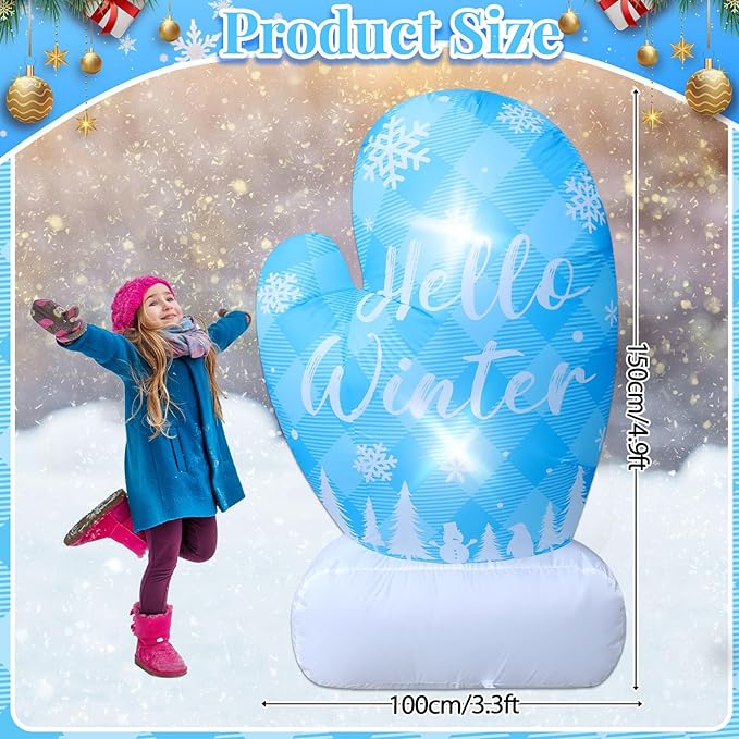 4.9FT Christmas Inflatable Snowflake Mittens Outdoor Decoration Hello Winter Sign Decor Blue Gloves Xmas Blow Up with 2 Lights for Yard Lawn Garden Winter Wonderland Frozen Birthday Party Decorations