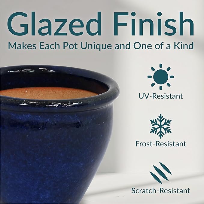 Sunnydaze Round Ceramic Planter - Set of 2 Indoor or Outdoor Plant Pots with Drainage Hole - Chalet - 9" - Imperial Blue Glaze