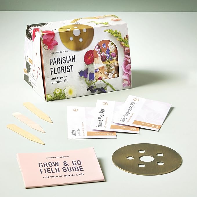 Modern Sprout Travel Trio Parisian Flower Shop; Travel-Inspired Seed Kit with Brass Flower Frog, Organic Seed Starting; Gardening Gift