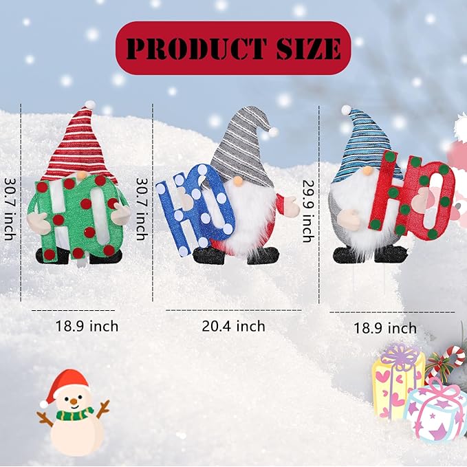 Lighted Christmas Gnome Outdoor Stakes 3D Glittered Gnomes with HOHOHO Lighted Up Yard Stakes Outdoor Christmas Decoration for Lawn Yard Garden