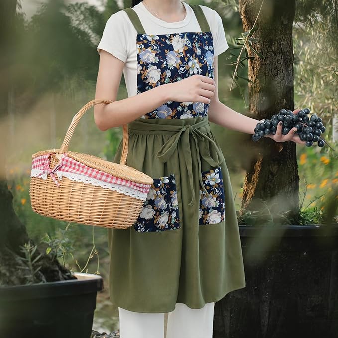 Vintage Pinafore Apron Dress for Women with Pockets Cute Floral Chef Aprons for Kitchen Cooking Baking Gardening