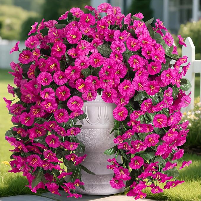 Artificial Faux Flowers Plants for Outdoor Outside Spring Summer Decoration, 2 PCS Fake Silk Fuchsia UV Resistant Realistic Morning Glory Long Trailing Vines for Hanging Planter Porch Patio Decor
