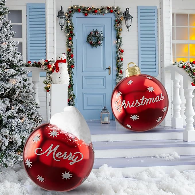 24 Inch Christmas Inflatable Balls, 2 Pcs Outdoor Decorative PVC Ball, Xmas Blow Up Jumbo Ball for Indoor, Giant Ornaments Outside Holiday Yard Lawn Decor (Merry Christmas)