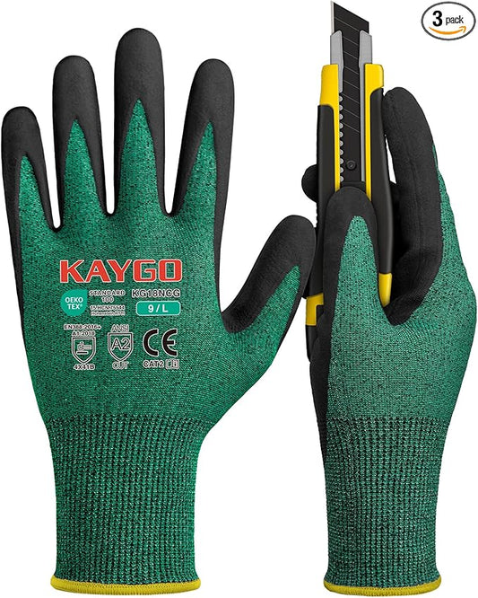KAYGO Safety Work Gloves MicroFoam Nitrile Coated, 3 Pairs KG18N, Cut Resistant Glove with Abrasion and Oil Resistant Grip, ANSI Cut Level A2, L, Green