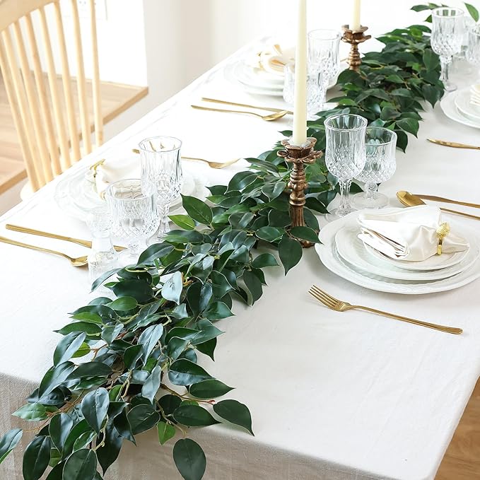 Mizii 2 Strands Artificial Vines Ficus Garland 78" Fake Vine with Silk Green Leaves Faux Hanging Plants Greenery Decorations for Bedroom Table Centerpieces Wall Party Wedding Room Decor (Ficus)