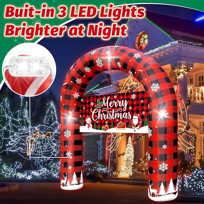 8 FT Giant Inflatable Inflable Merry Christmas Arch Decoration with LED Lights, Blow Up Decor for Outdoor Yard Lawn Sign Backdrop (Buffalo Plaid Porch)