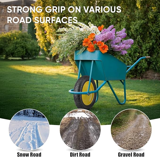 TICONN 4.80/4.00-8 Tire, 16" Flat Free Wheelbarrow Tire and Wheel, Solid Replacement Tires with 3" Centered Hub, 5/8" 3/4" Bearings, Universal Fit 4.80/4.00-8, 3.50/3.00-8, 4.00-6 (Yellow)