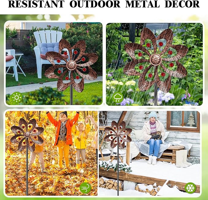 2PC Metal Wind Spinners Outdoor, 360° Wind Sculpture Spinner with Metal Stake, Waterproof Spinners Green Kinetic Wind Spinner for Yard Lawn Decor (A- Vintage Copper)