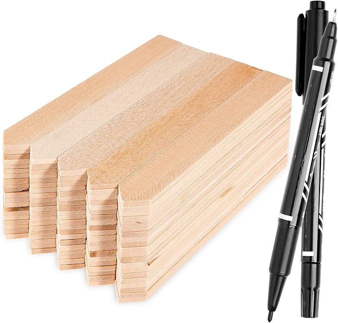 Whaline 100Pcs Wooden Plant Labels Pointed Wooden Garden Markers Waterproof Eco-Friendly Plant Sign Tags Decorative Garden Tags for Seed Potted Herbs Flowers Vegetables with 2 Marker Pen (15 x 2 cm)
