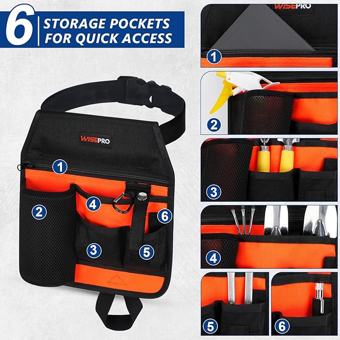 Garden Tool Belt, 6 Pocket Gardening Tool Waist Pouch with Adjustable Waist Strap, Gardening Belt Apron for Men Women