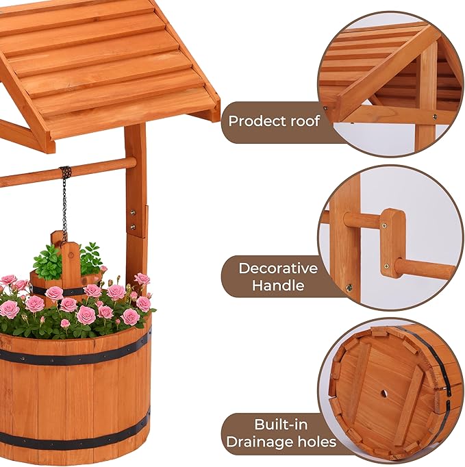 Wooden Wishing Well for Outside, Wishing Well Planter for Yard with Hanging Bucket, Rustic Flower Pot Home Decor for Garden, Backyard