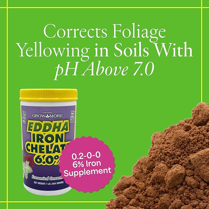 Grow More 0.2-0-0 EDDHA Iron Chelate for Greener Plants on Soils with pH of 7 or Above - 1lb of Water Soluble Chelated 6% Iron for Plants
