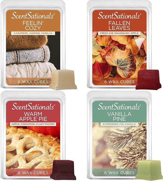 Scentsationals Fall Wax Melts - Harvest Home 4-Pack – Long Lasting Wax Cubes with Strong Scent for Warmers – Includes Warm Apple Pie, Vanilla Pine, Fallen Leaves & Feelin Cozy - 10oz (24-Cubes)