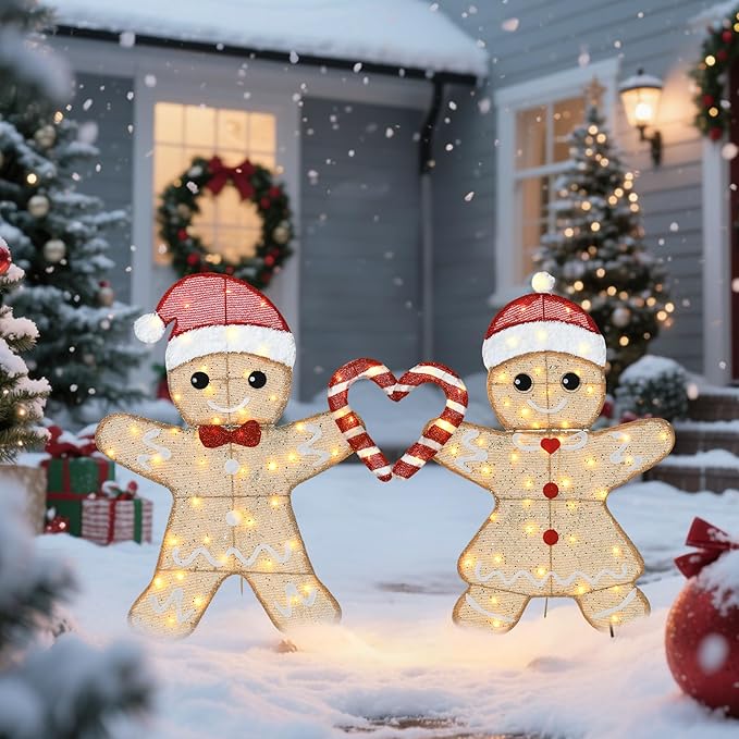 32"H Outdoor Gingerbread Lights, 2D Pre-lit Holiday Lawn Lights Christmas Decorations, 100 Warm White LEDs, Stake-Down Flat Xmas Yard Decor, Ground Decorations for Garden, Porch, Set of 2