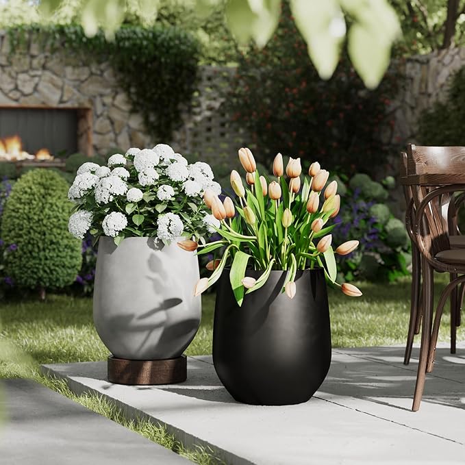 DTY Signature Mount Wilson Lightweight and Durable Modern Fiberstone Tapered Planter for Indoor Outdoor Drainage Hole & Rubber Plug Weather Resistant, 16.7" H x 15" Dia, 11.7" Opening - Medium, Black