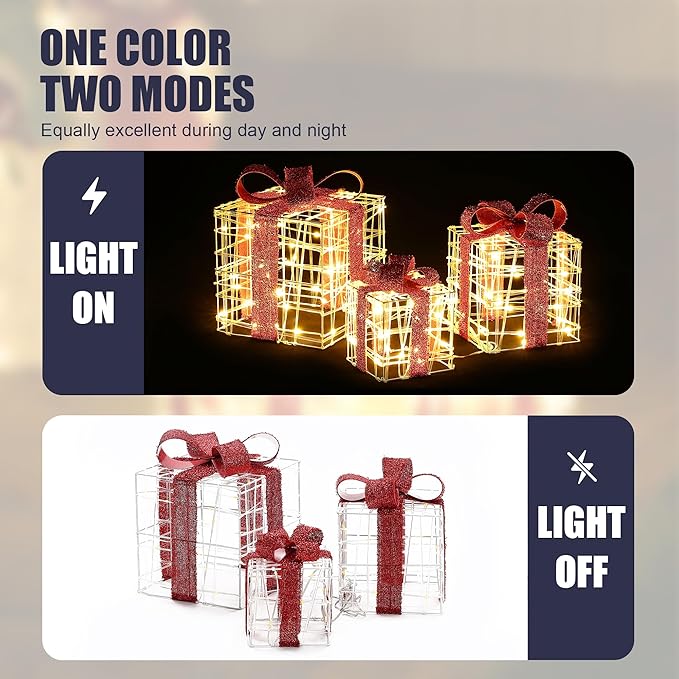 LuxenHome Set of 3 Lighted Gift Boxes, Plug-in Prelit Boxes with Red Ribbon Bows for Xmas Holiday Display, Lawn, Porch, Under Tree Indoor, Outdoor Christmas Decoration.