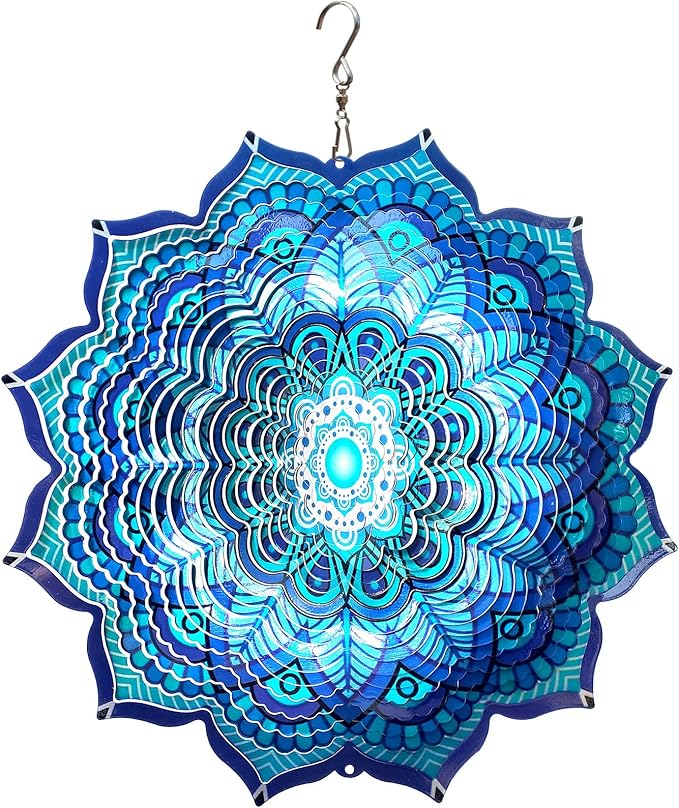 Goolyrusim Wind Spinner Mandala Rich Blue 12inch 3D Stainless Steel Wind Spinners Laser Cut Metal Hanging Wind Sculptures Kinetic Yard Art Decoration Garden Ornament Indoor/Outdoor Décor Worth Gift