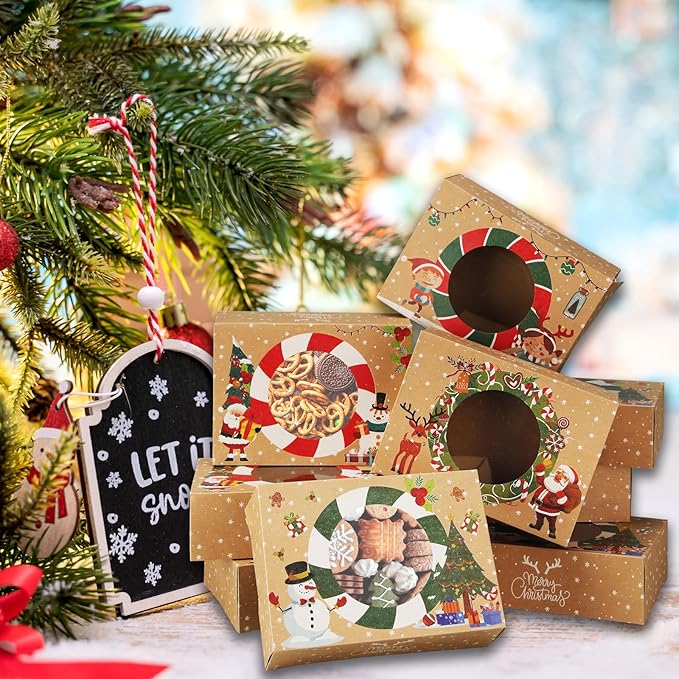 12pcs Christmas Cookie Boxes - 8.25inx5.75inx2.75in - Kraft Paper Bakery Treat Boxes for Holiday Gifts & Parties