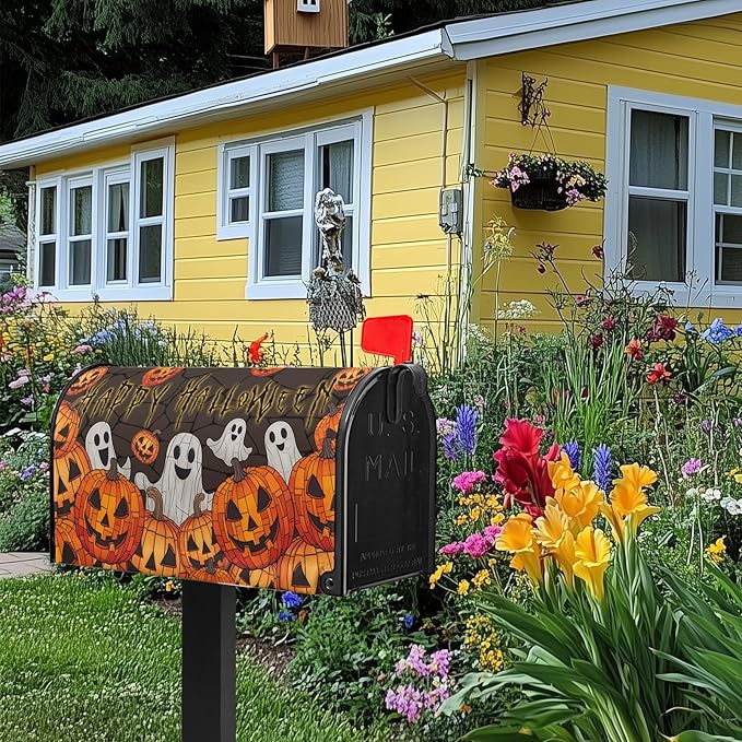 Happy Halloween Mailbox Cover Ghost Mail Box Covers Magnetic Standard Size 21x18 inch Pumpkin Post Letter Box Cover Wrap Outdoor Decor for Garden