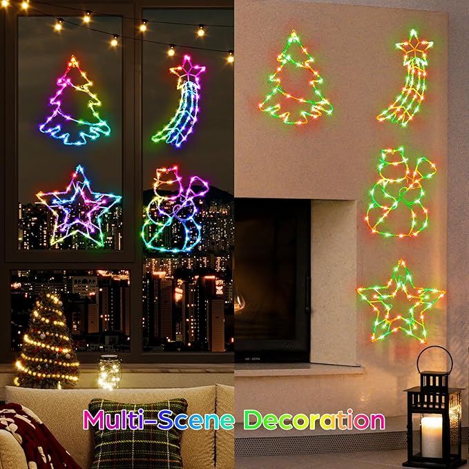 4 Pack Smart Christmas Window Lights, Window Silhouette Lights, Christmas Decorations Indoor,Custom & Preset Modes,APP Control Snowman, Meteor, Christmas Tree, Star for Door Glass