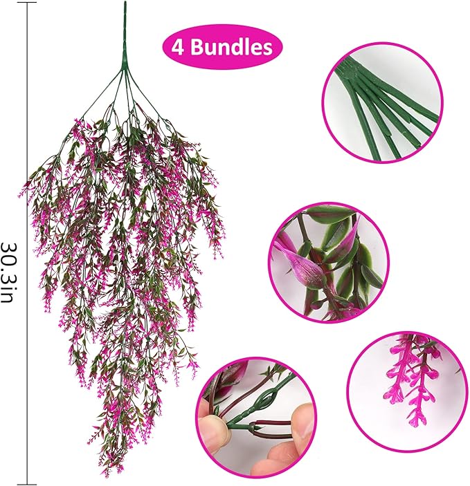 RECUTMS Artificial Flowers Hanging Plant, Faux Outdoor Vines Plants UV Resistant Backdrop Decor Hanging Flowers for Garden Porch Window Patio Hanging Planter Home Party Wedding Decor (Fuchsia)