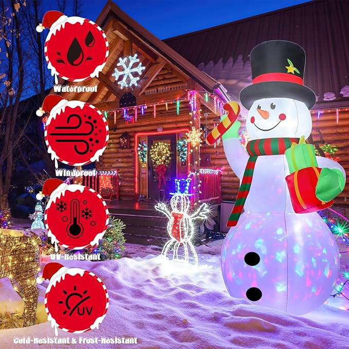 8 FT Christmas Inflatable Decoration Snowman with Built-in Rotating Colorful LED Blow Up Christmas Snow Man for Yard Supplies Giant Xmas Party Decor Holiday Décor for Outdoor Garden Lawn