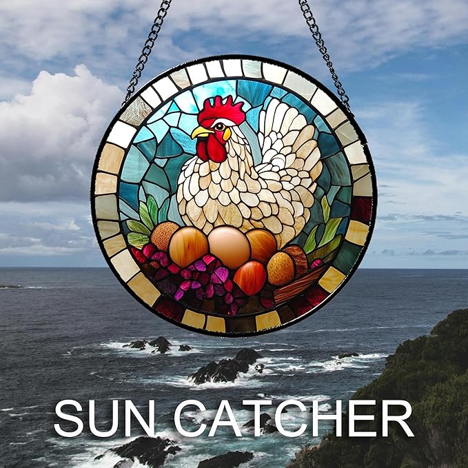 Stained Glass Window Hanging White Chicken Hatching Eggs 6.3" - Suncatcher Door Garden Sunroom Sun Catcher Home Decor Birthday Christmas for Mom Men Woman Nana