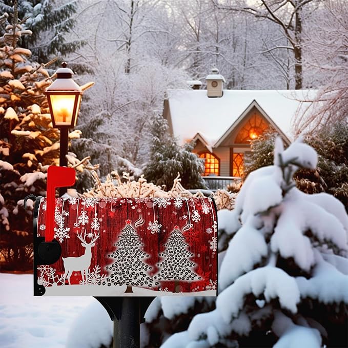 Christmas Mailbox Cover Christmas Tree Winter Snowflake Pine Mailbox Wrap Poinsettia Christmas Tree Wood White Snow Letter Post Box Cover Decorative for Garden Yard Home 21x18 in