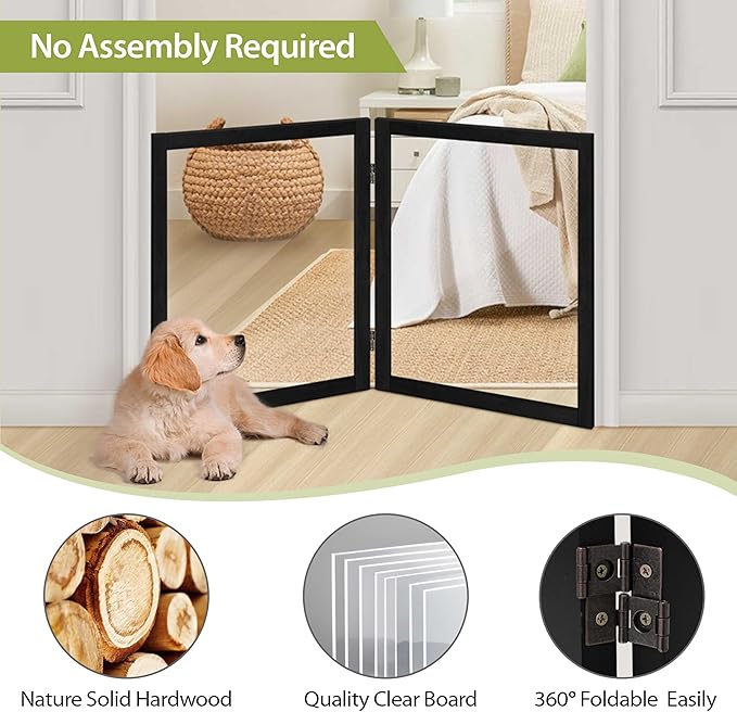 LZRS Clear Dog Gate for Indoor Use - Transparent Pet Fence with Solid Hardwood and Plastic Board, Stylish & Durable freestanding Pet Gate for Doorways, Stairs and Hallways-2 Panel Black